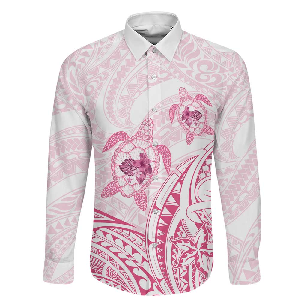 Pink White Polynesia Floral Sea Turtle Family Matching Mermaid Dress and Hawaiian Shirt LT14 Dad's Shirt - Long Sleeve White - Polynesian Pride
