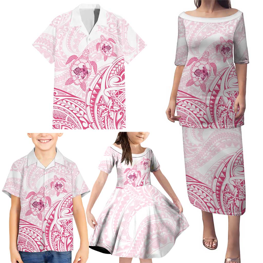 Pink White Polynesia Floral Sea Turtle Family Matching Puletasi and Hawaiian Shirt - Polynesian Pride