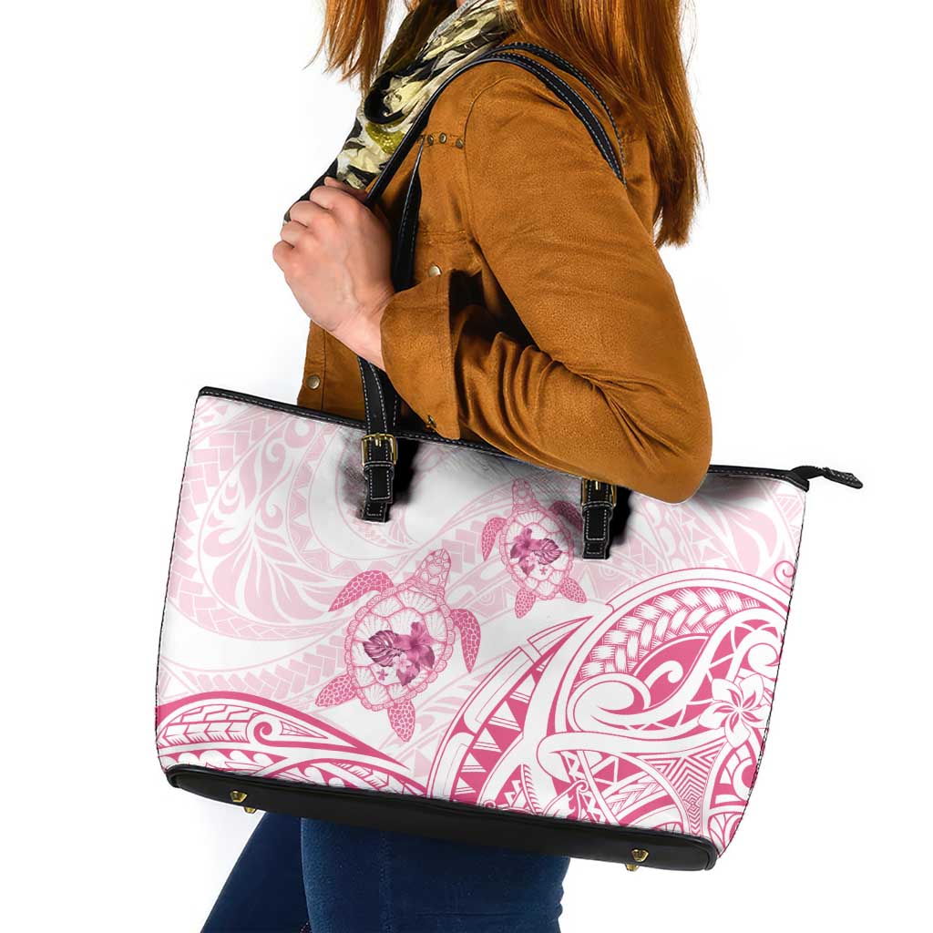 Pink White Polynesia Floral Sea Turtle Leather Tote Bag - Polynesian Pride