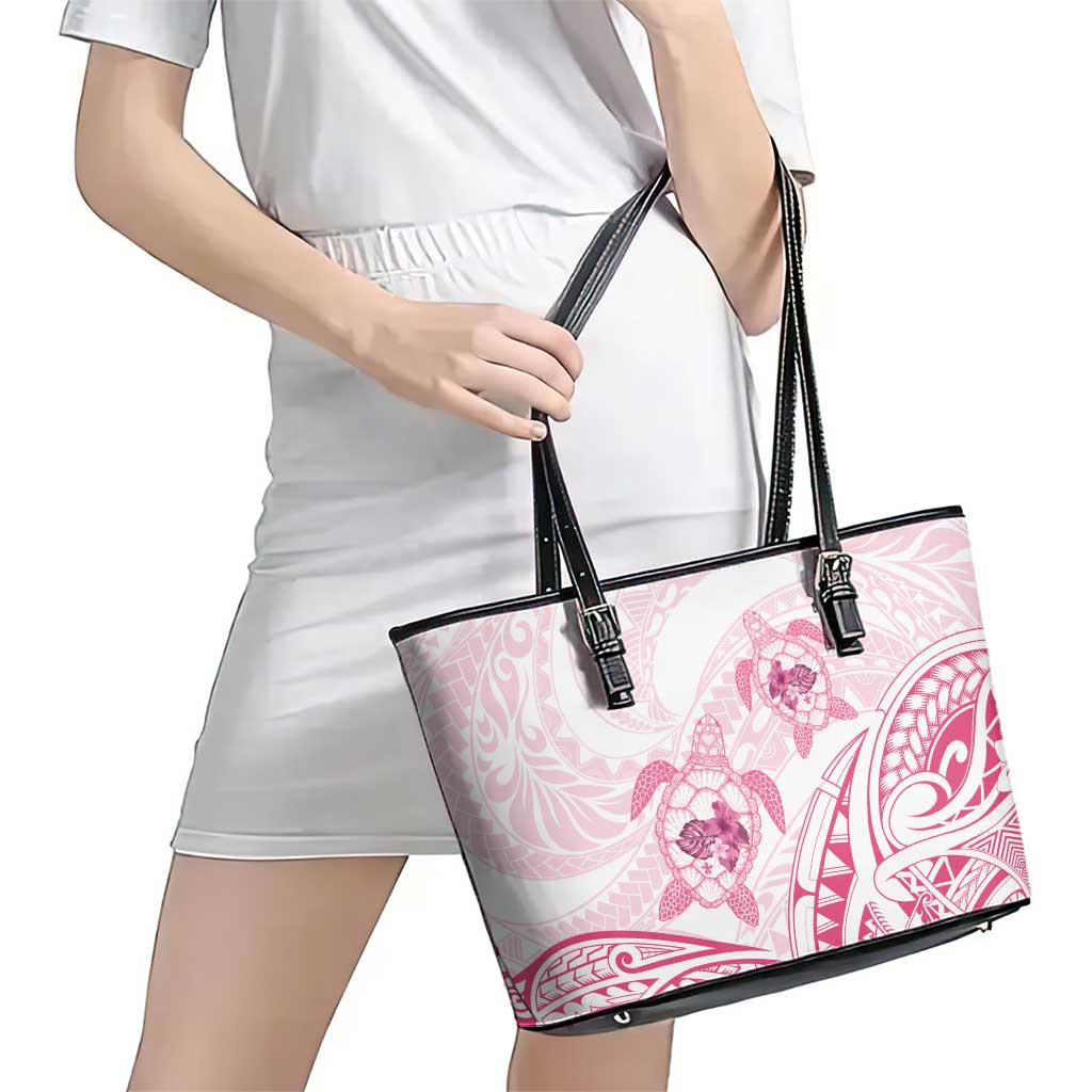 Pink White Polynesia Floral Sea Turtle Leather Tote Bag - Polynesian Pride