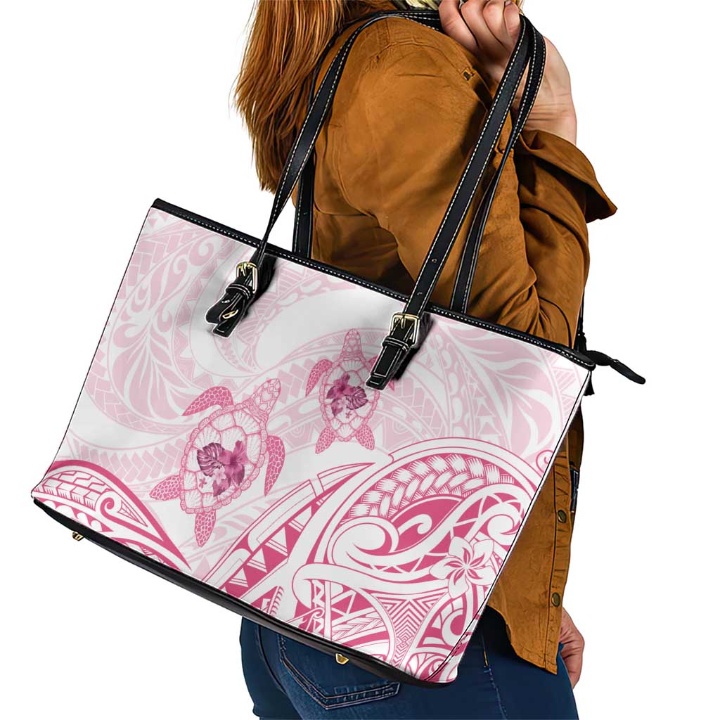 Pink White Polynesia Floral Sea Turtle Leather Tote Bag - Polynesian Pride