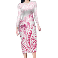 Pink White Polynesia Floral Sea Turtle Long Sleeve Bodycon Dress LT14 Long Dress White - Polynesian Pride