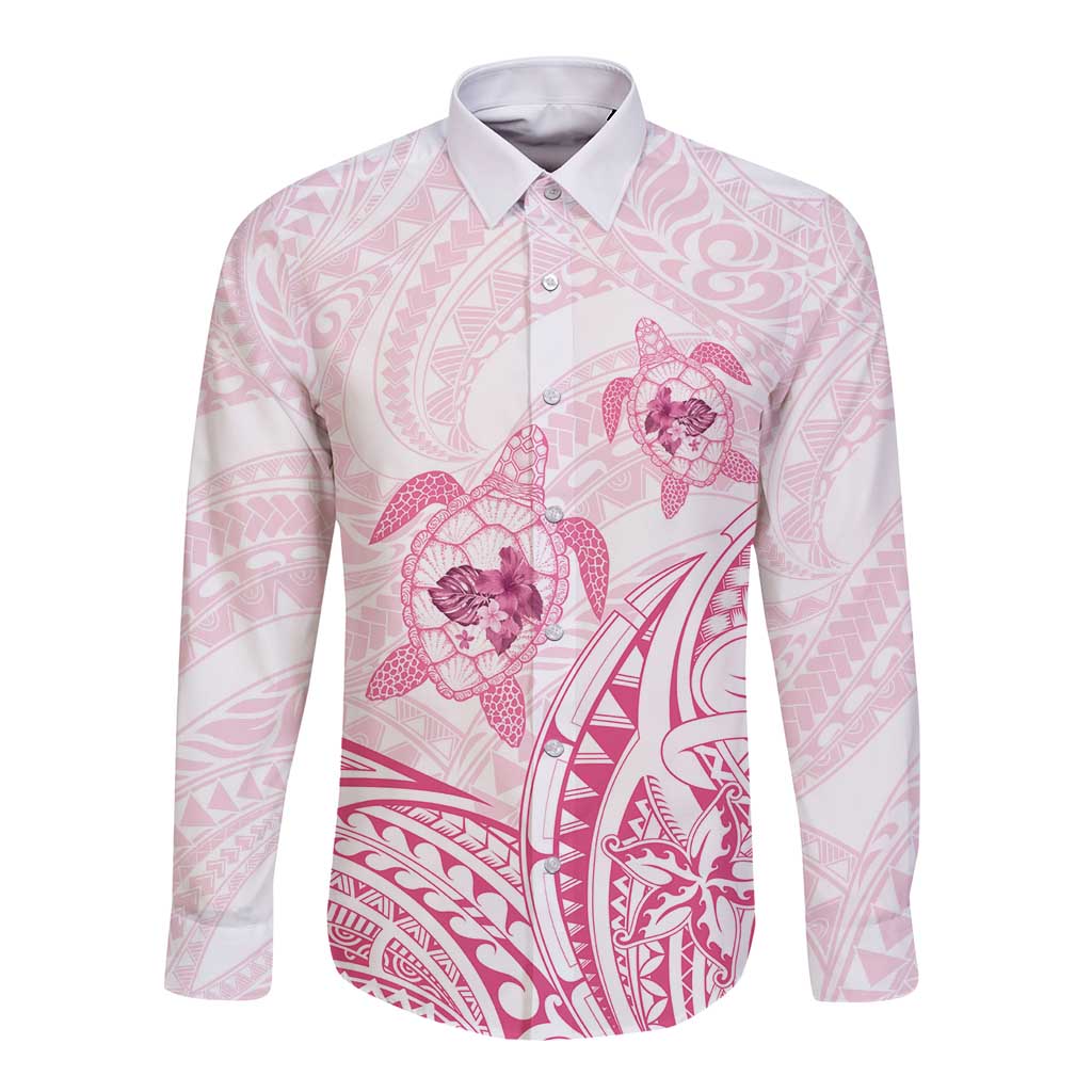 Pink White Polynesia Floral Sea Turtle Long Sleeve Button Shirt - Polynesian Pride