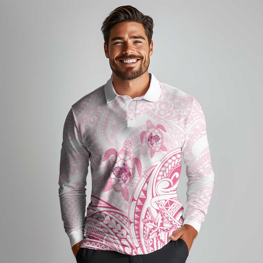 Pink White Polynesia Floral Sea Turtle Long Sleeve Polo Shirt LT14 - Polynesian Pride