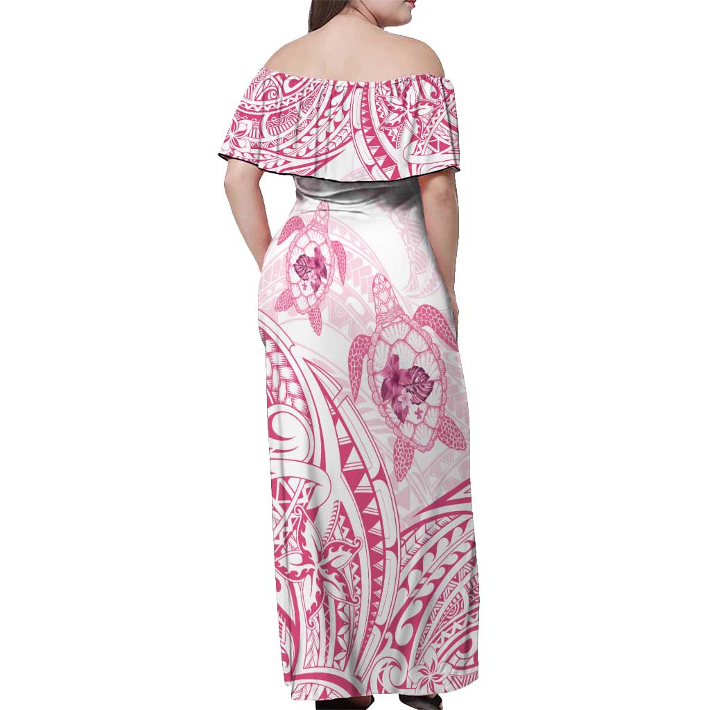 Pink White Polynesia Floral Sea Turtle Off Shoulder Maxi Dress - Polynesian Pride