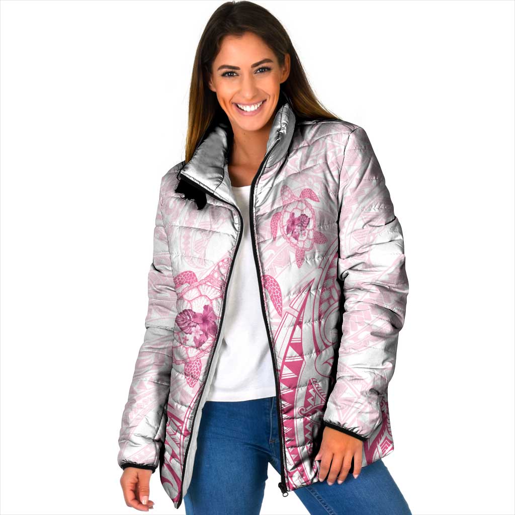 Pink White Polynesia Floral Sea Turtle Padded Jacket LT14 Women White - Polynesian Pride