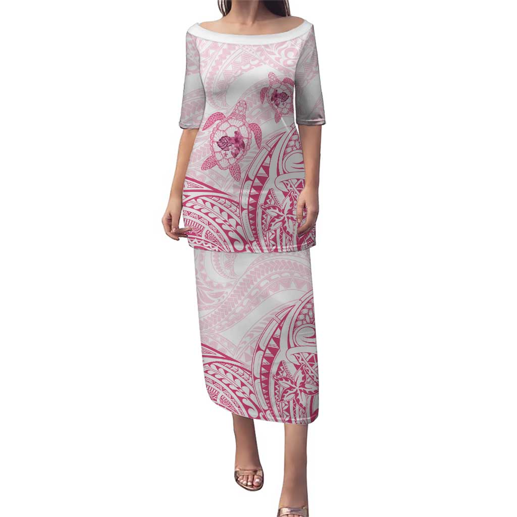 Pink White Polynesia Floral Sea Turtle Puletasi LT14 Long Dress White - Polynesian Pride