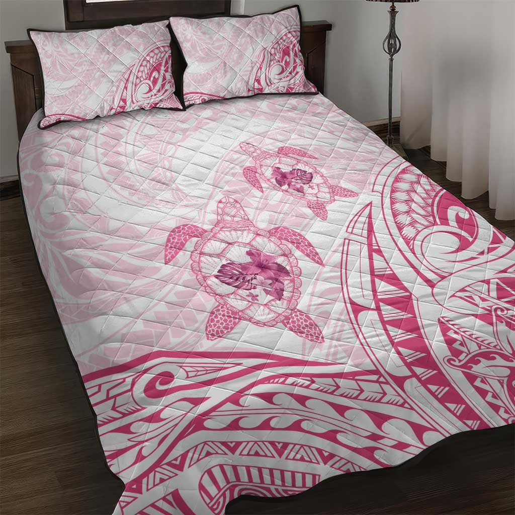 Pink White Polynesia Floral Sea Turtle Quilt Bed Set - Polynesian Pride