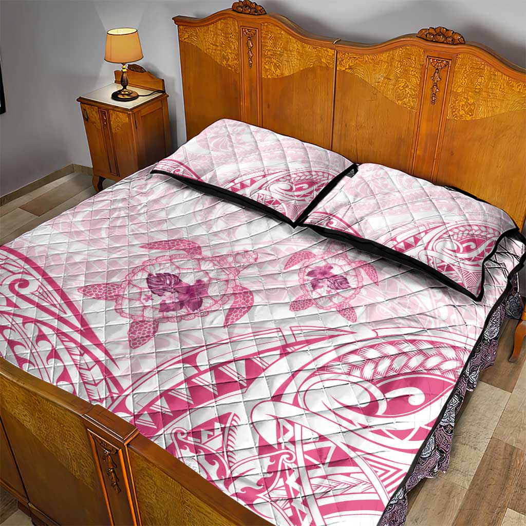 Pink White Polynesia Floral Sea Turtle Quilt Bed Set - Polynesian Pride
