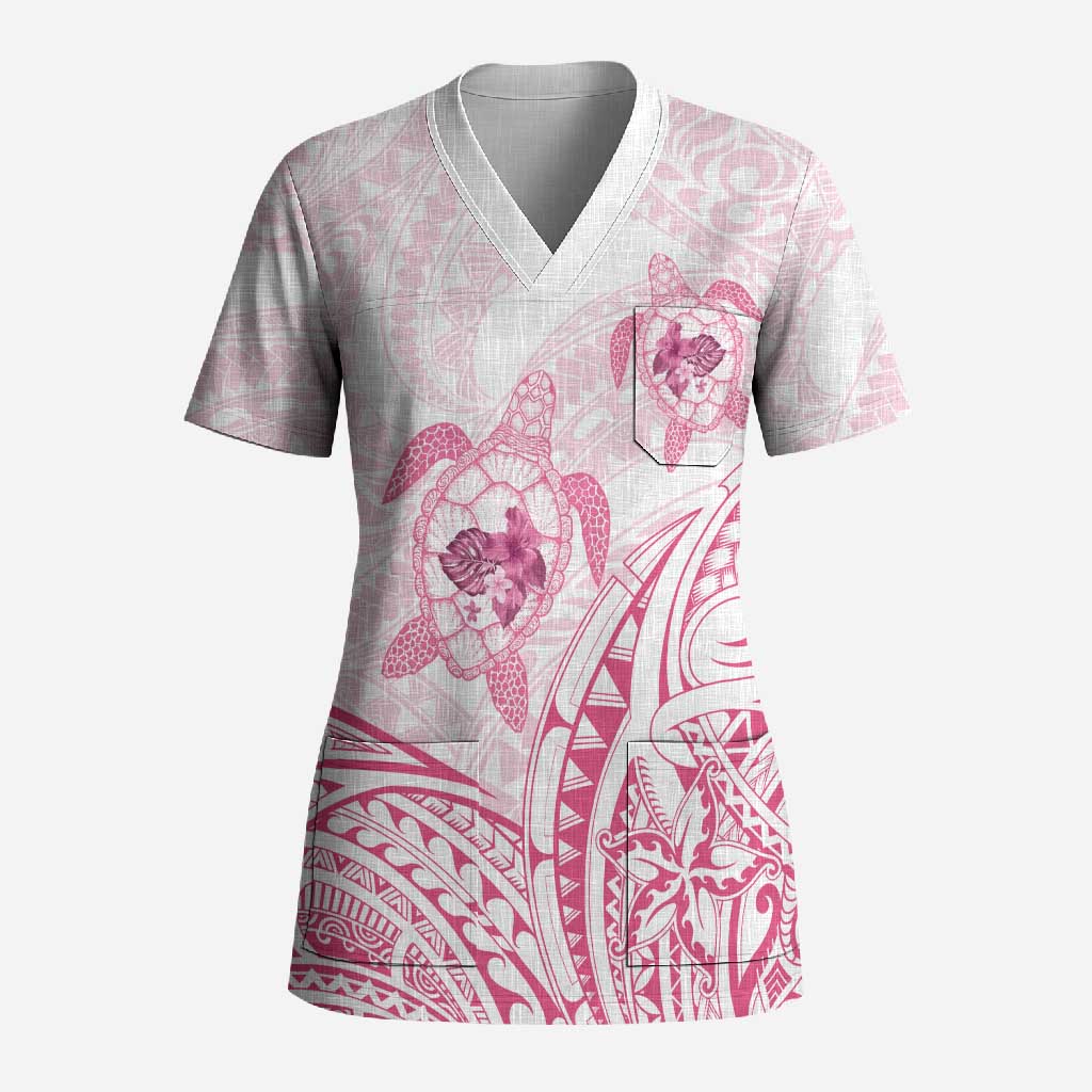 Pink White Polynesia Floral Sea Turtle Scrub Top LT14 Adult White - Polynesian Pride