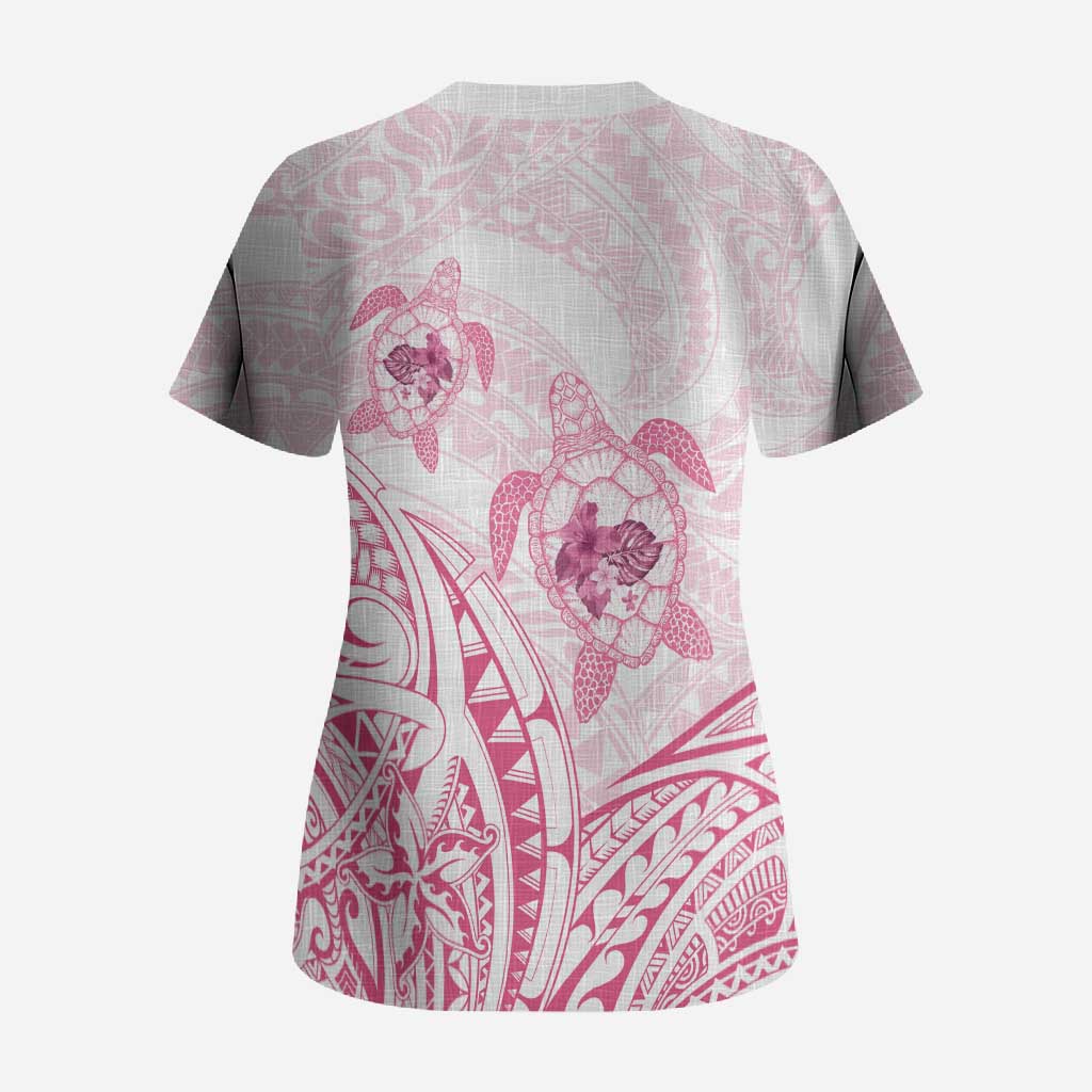 Pink White Polynesia Floral Sea Turtle Scrub Top LT14 - Polynesian Pride