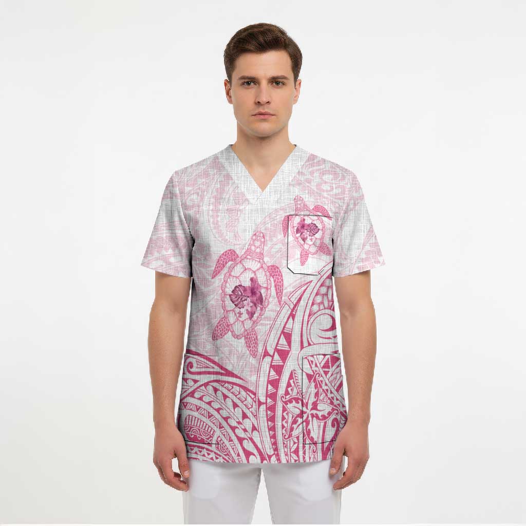 Pink White Polynesia Floral Sea Turtle Scrub Top LT14 - Polynesian Pride