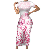 Pink White Polynesia Floral Sea Turtle Short Sleeve Bodycon Dress LT14 Long Dress White - Polynesian Pride