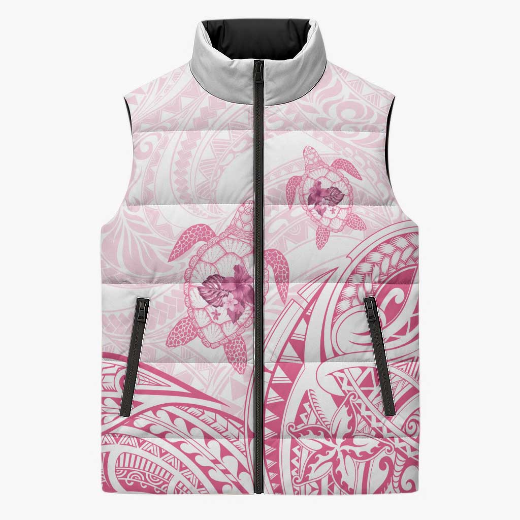 Pink White Polynesia Floral Sea Turtle Sleeveless Puffer Jacket LT14 Unisex White - Polynesian Pride