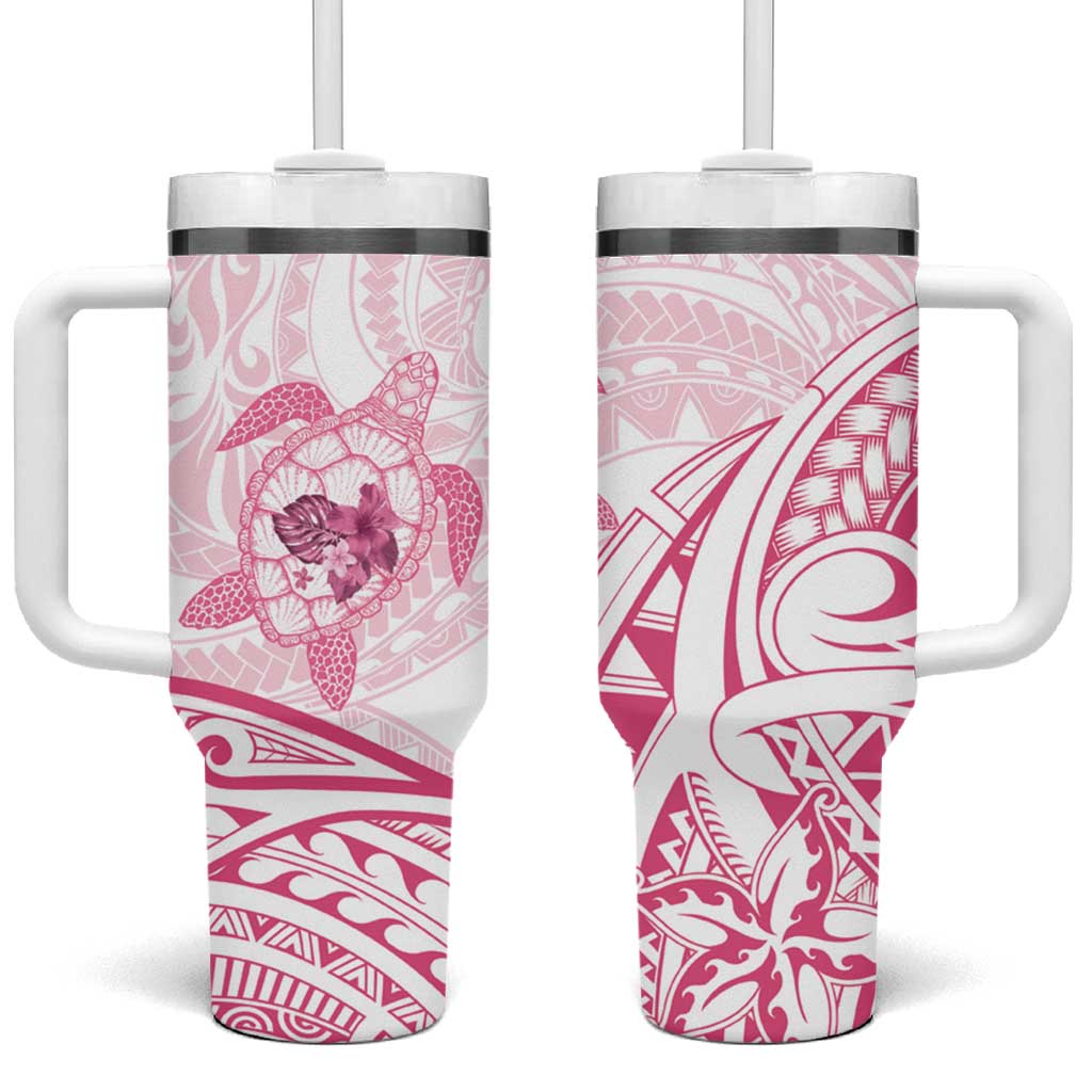 Pink White Polynesia Floral Sea Turtle Tumbler With Handle LT14 One Size: 40 oz White - Polynesian Pride