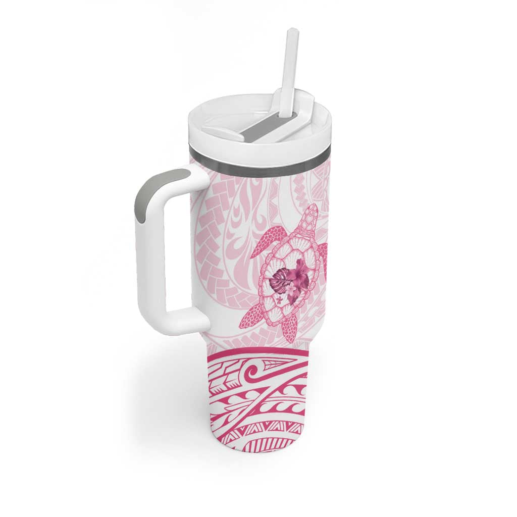 Pink White Polynesia Floral Sea Turtle Tumbler With Handle LT14 - Polynesian Pride