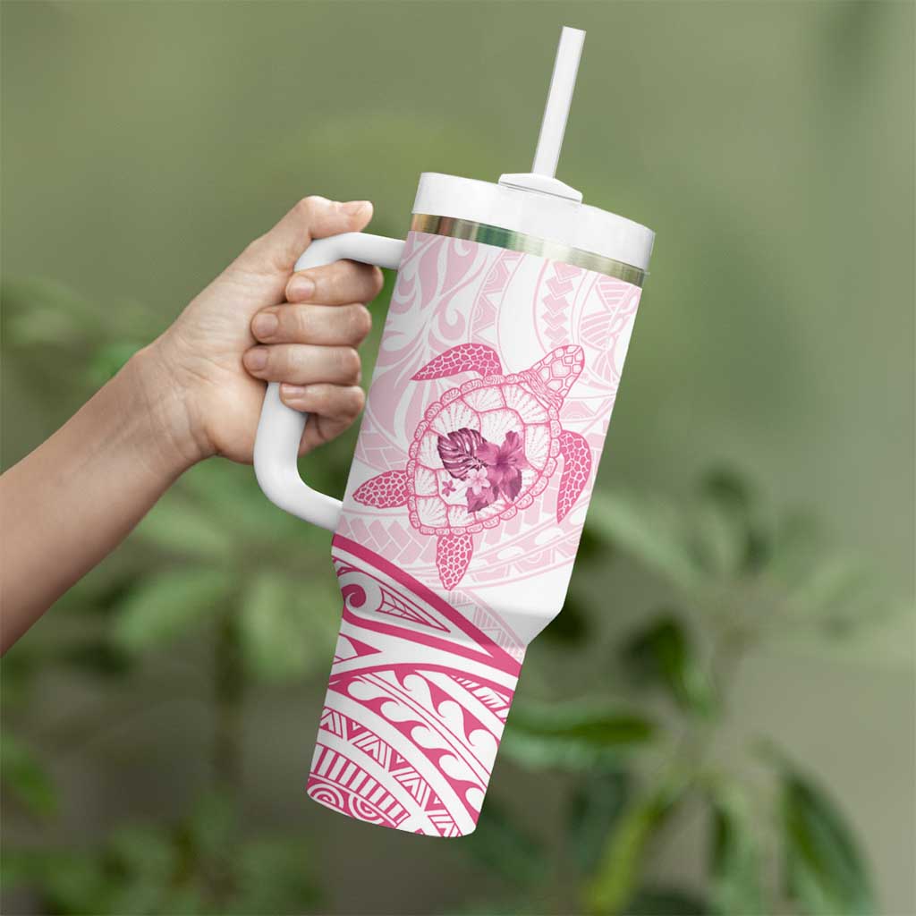 Pink White Polynesia Floral Sea Turtle Tumbler With Handle LT14 - Polynesian Pride