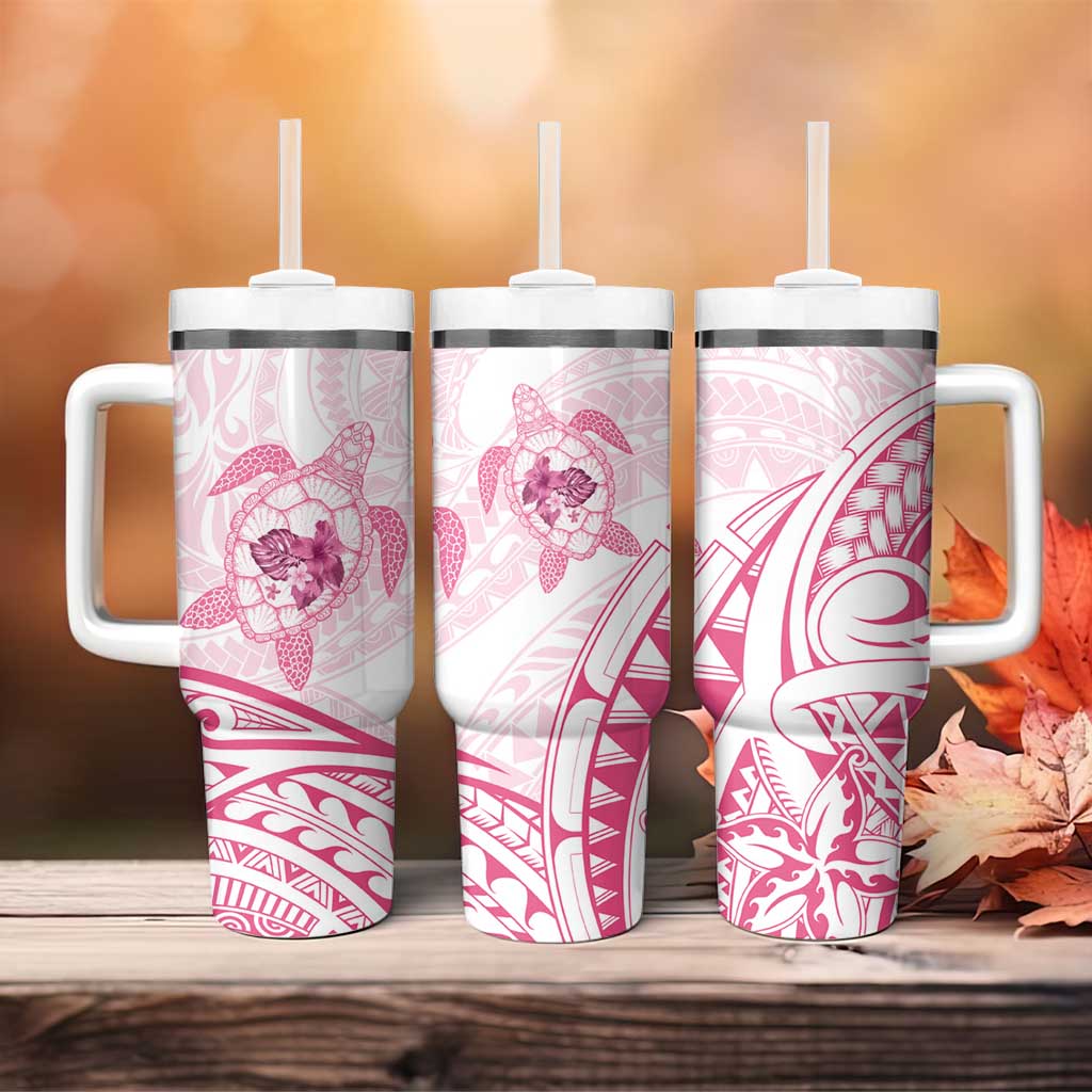 Pink White Polynesia Floral Sea Turtle Tumbler With Handle LT14 - Polynesian Pride