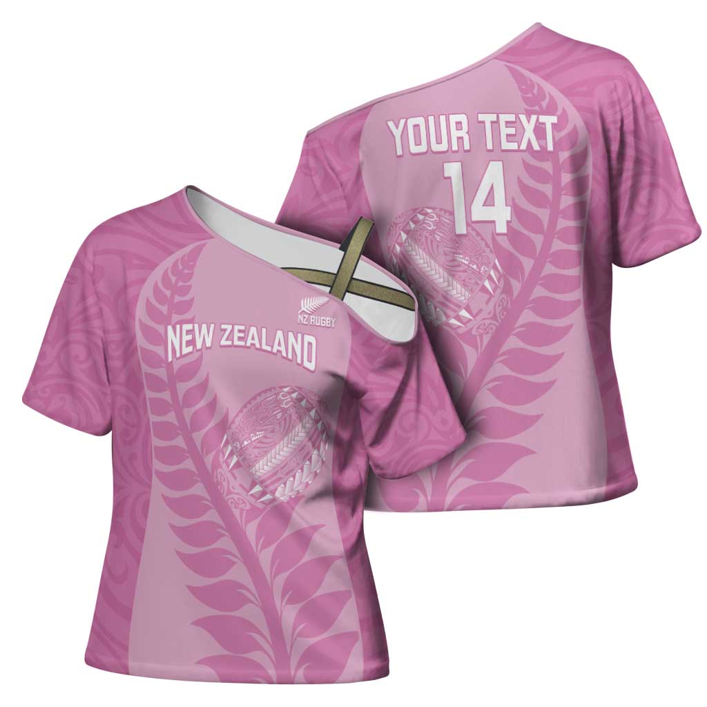 Custom New Zealand Silver Fern Rugby 2025 Cross Shoulder Shirt All Black Aotearoa Maori Pink - Polynesian Pride