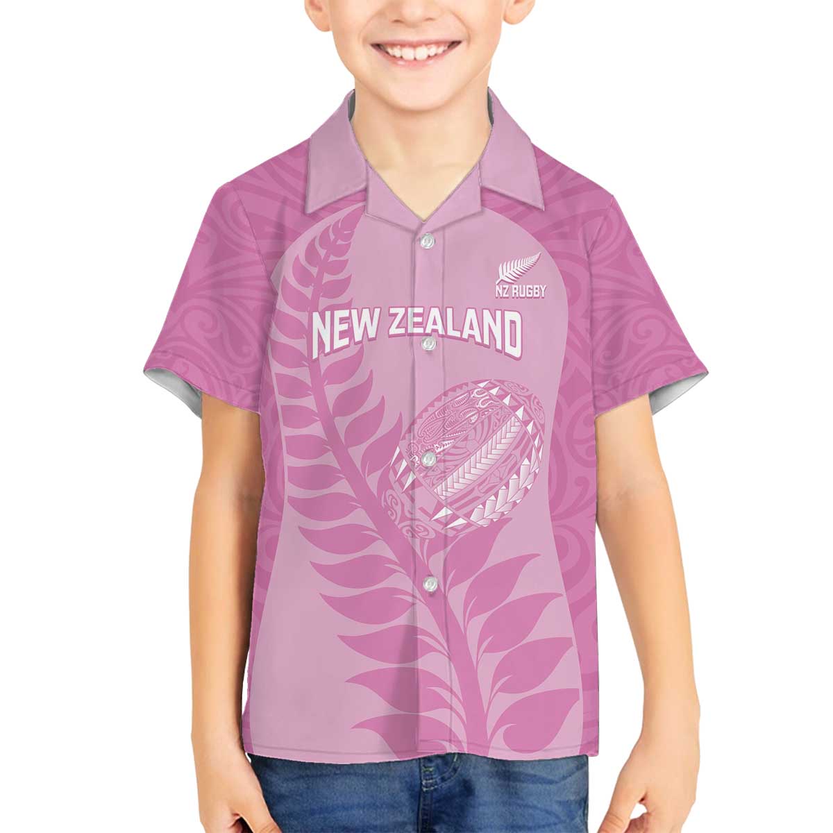 Custom New Zealand Silver Fern Rugby 2025 Family Matching Off The Shoulder Long Sleeve Dress and Hawaiian Shirt All Black Aotearoa Maori Pink