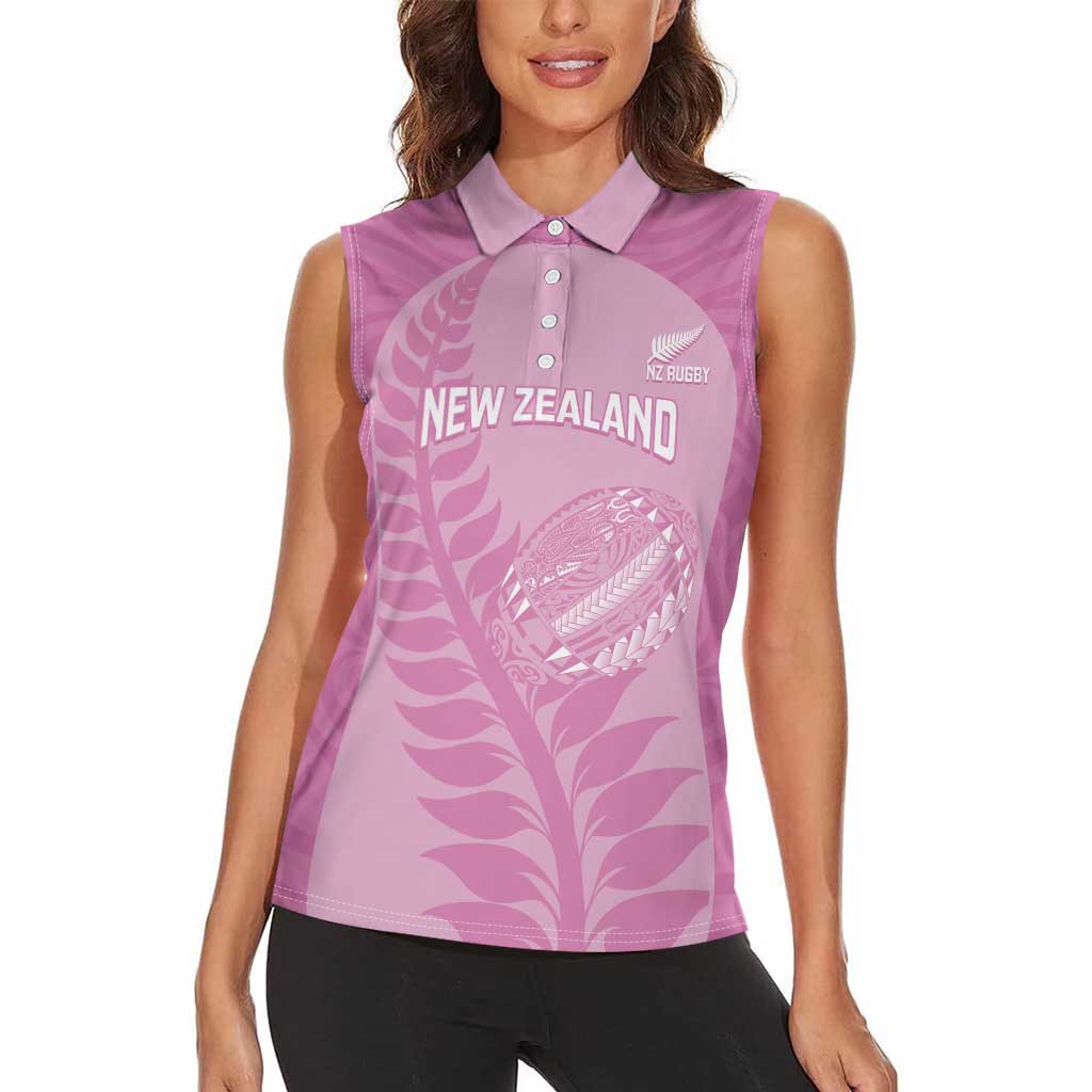 Custom New Zealand Silver Fern Rugby 2025 Women Sleeveless Polo Shirt All Black Aotearoa Maori Pink