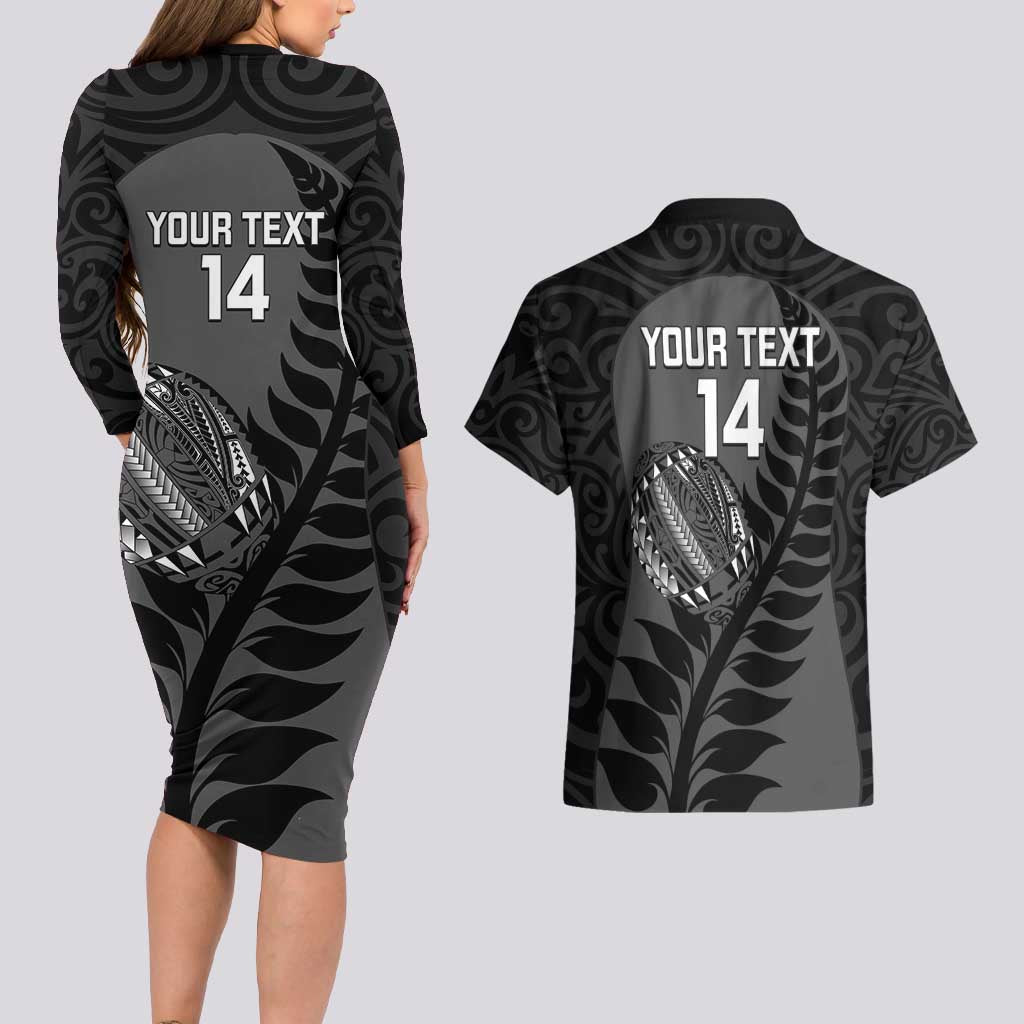 Custom New Zealand Silver Fern Rugby 2025 Couples Matching Long Sleeve Bodycon Dress and Hawaiian Shirt Go Champions Aotearoa Maori Black