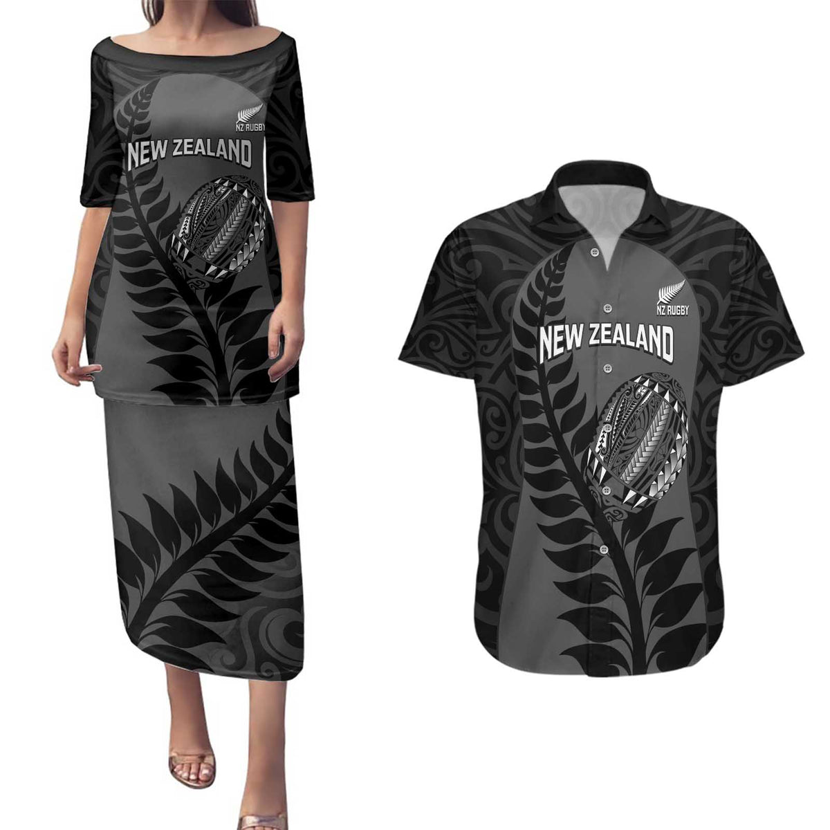 Custom New Zealand Silver Fern Rugby 2025 Couples Matching Puletasi and Hawaiian Shirt Go Champions Aotearoa Maori Black