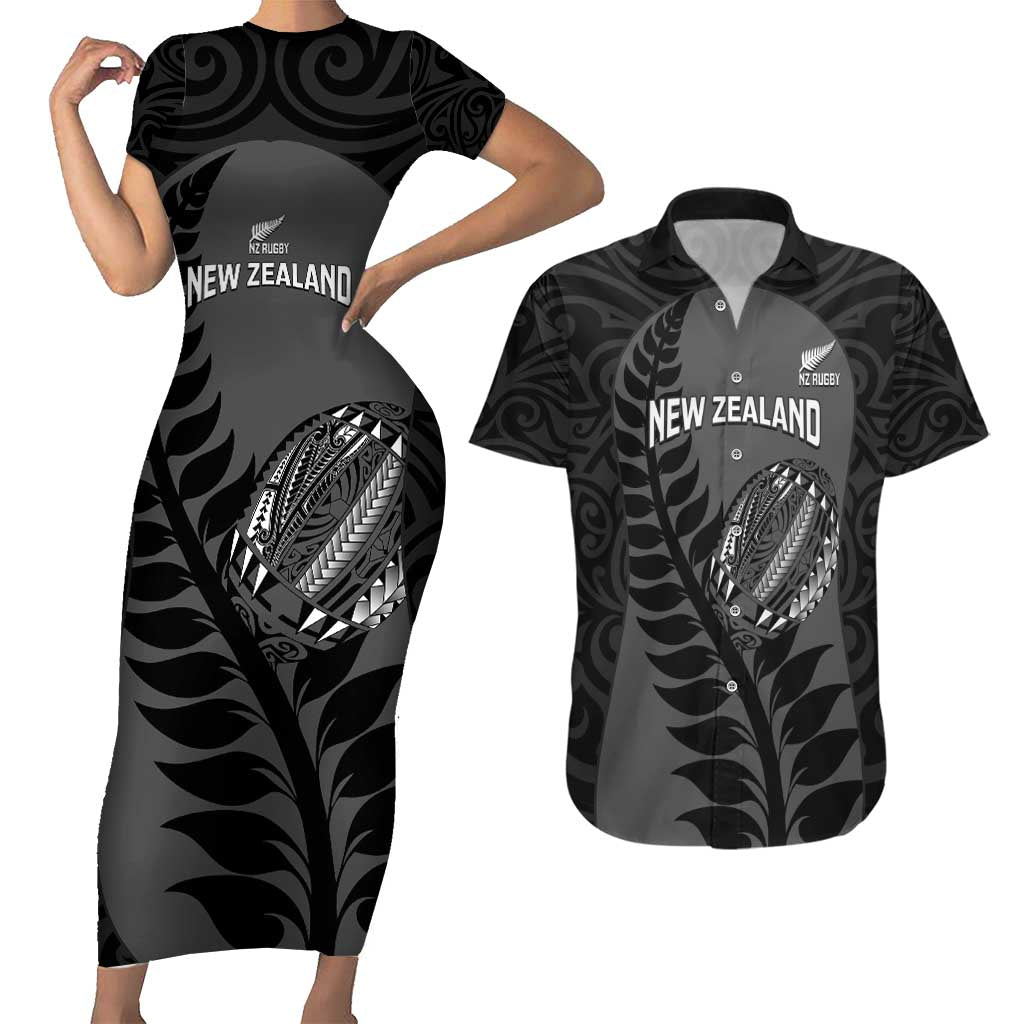 Custom New Zealand Silver Fern Rugby 2025 Couples Matching Short Sleeve Bodycon Dress and Hawaiian Shirt Go Champions Aotearoa Maori Black