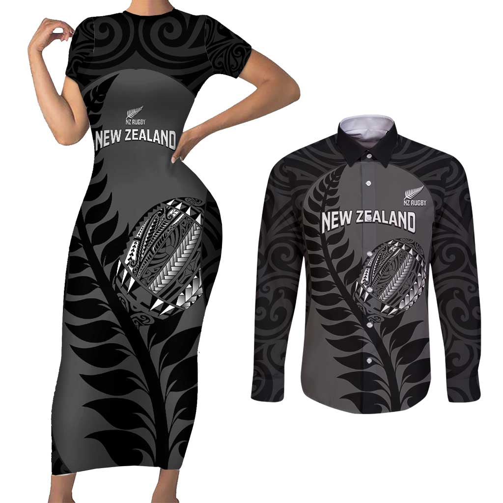 Custom New Zealand Silver Fern Rugby 2025 Couples Matching Short Sleeve Bodycon Dress and Long Sleeve Button Shirt Go Champions Aotearoa Maori Black