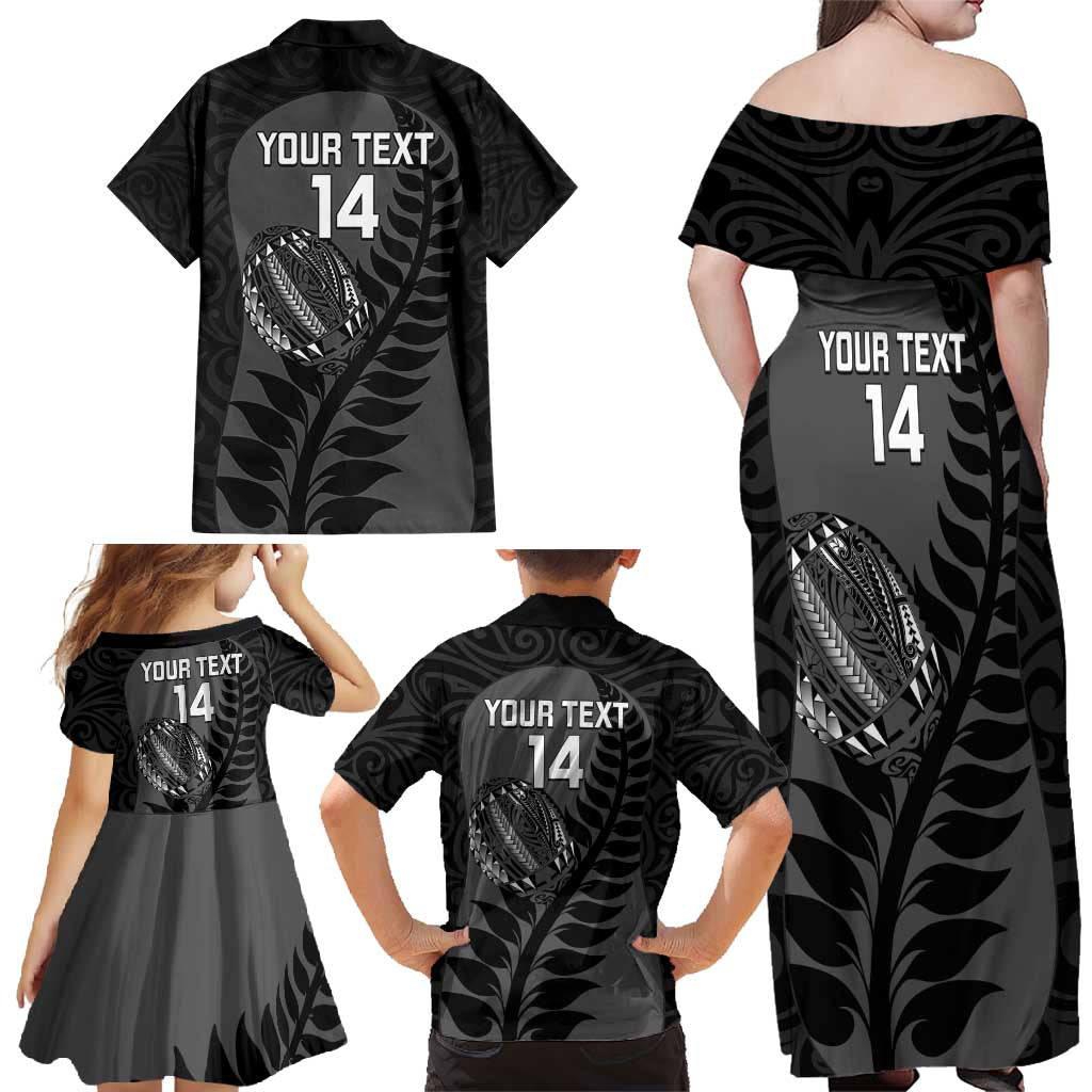Custom New Zealand Silver Fern Rugby 2025 Family Matching Off Shoulder Maxi Dress and Hawaiian Shirt Go Champions Aotearoa Maori Black