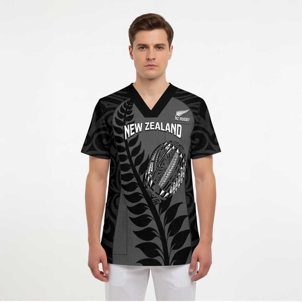Custom New Zealand Silver Fern Rugby 2025 Scrub Top Go Champions Aotearoa Maori Black - Polynesian Pride