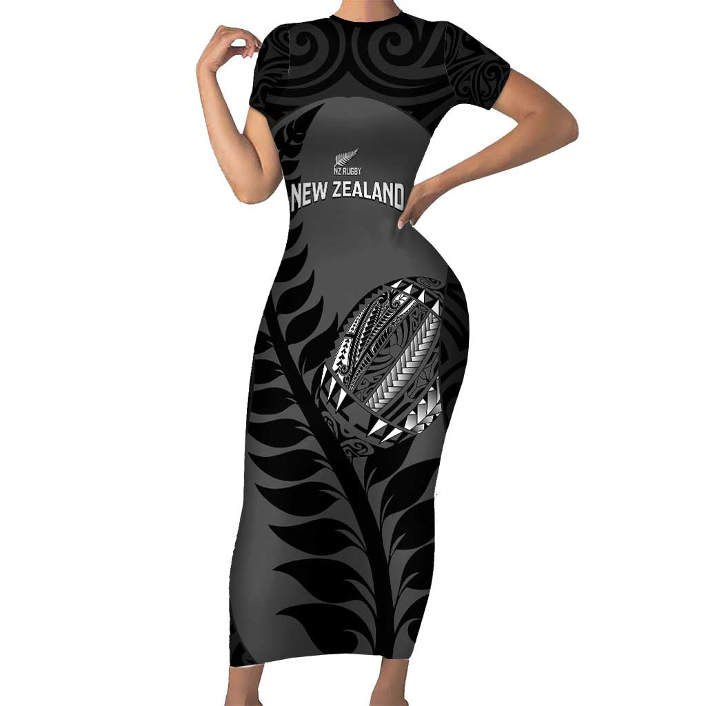 Custom New Zealand Silver Fern Rugby 2025 Short Sleeve Bodycon Dress Go Champions Aotearoa Maori Black