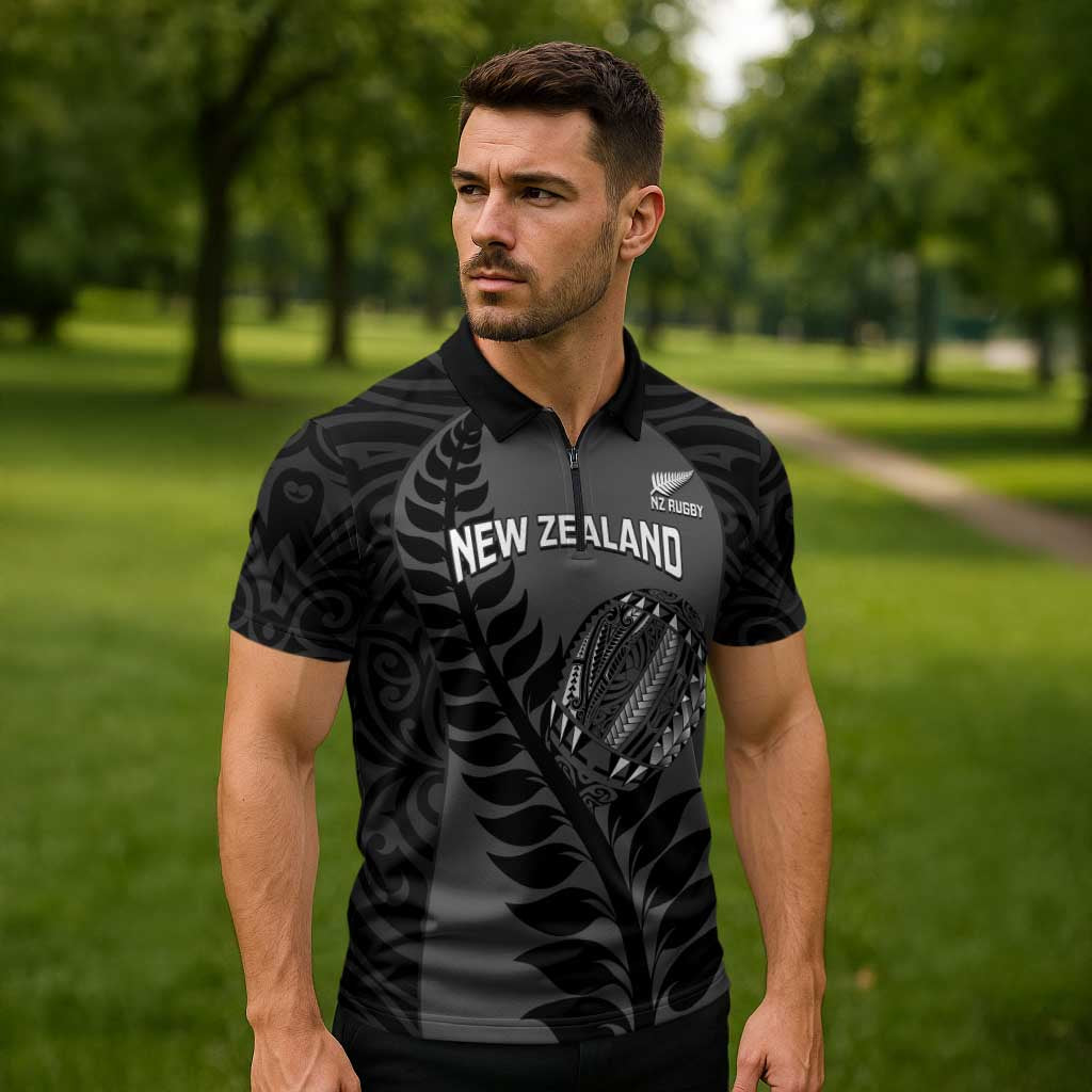 Custom New Zealand Silver Fern Rugby 2025 Zipper Polo Shirt Go Champions Aotearoa Maori Black - Polynesian Pride