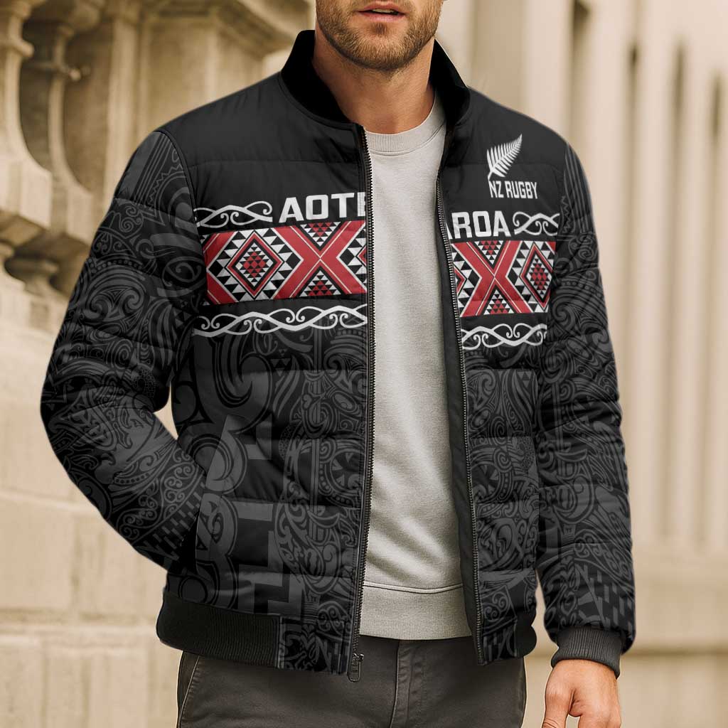 Custom New Zealand Silver Fern Rugby Bomber Puffer Jacket All Black Maori Taniko Pattern - Polynesian Pride