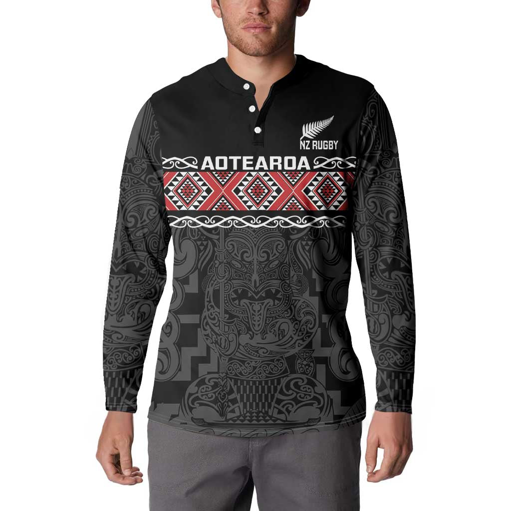 Custom New Zealand Silver Fern Rugby Button Sweatshirt All Black Maori Taniko Pattern
