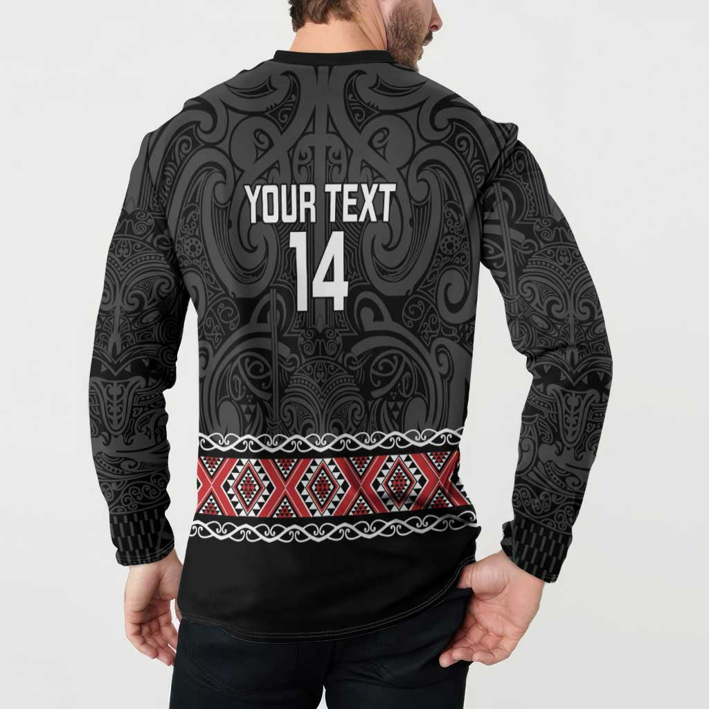 Custom New Zealand Silver Fern Rugby Button Sweatshirt All Black Maori Taniko Pattern