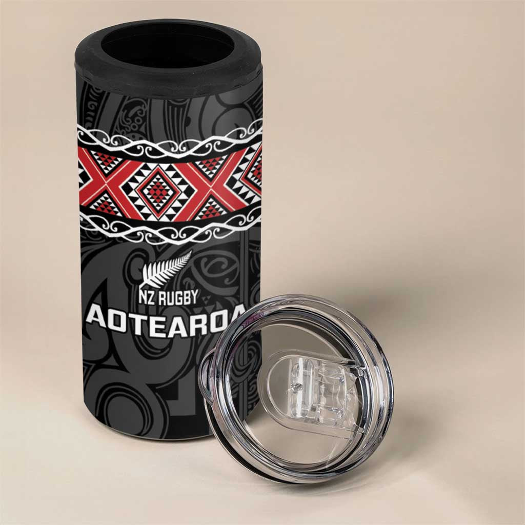 Custom New Zealand Silver Fern Rugby 4 in 1 Can Cooler Tumbler All Black Maori Taniko Pattern LT14 - Polynesian Pride