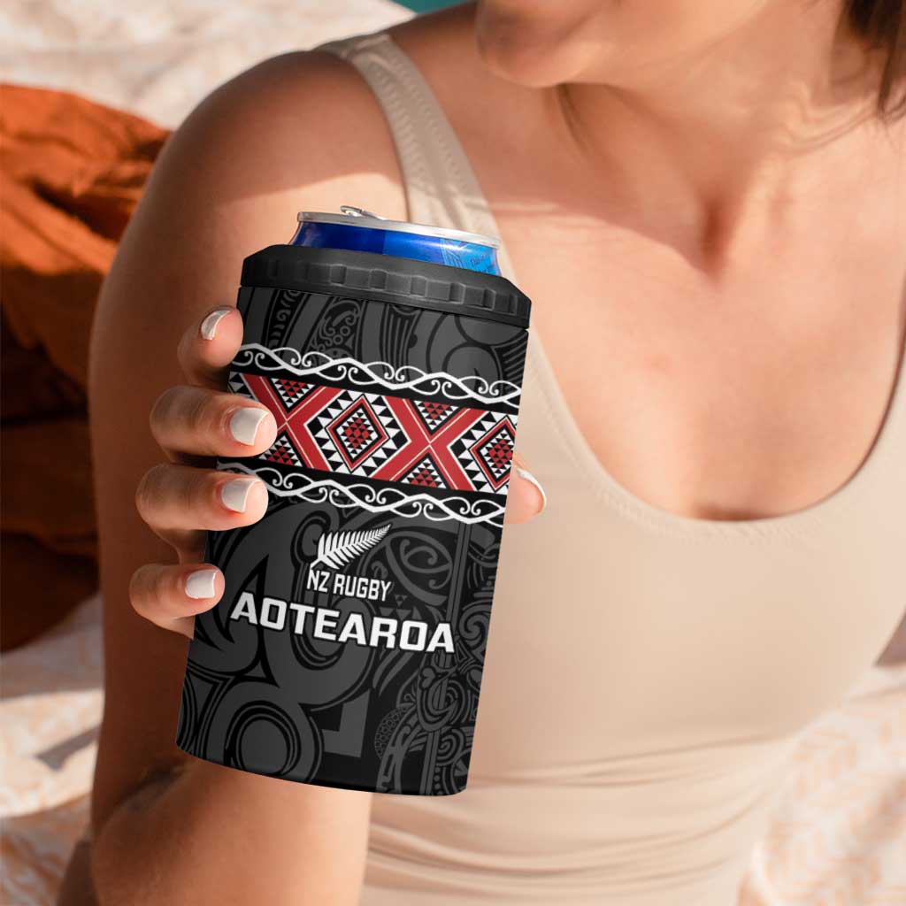 Custom New Zealand Silver Fern Rugby 4 in 1 Can Cooler Tumbler All Black Maori Taniko Pattern LT14 - Polynesian Pride