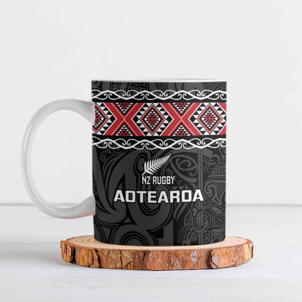 Custom New Zealand Silver Fern Rugby Ceramic Mug All Black Maori Taniko Pattern - Polynesian Pride