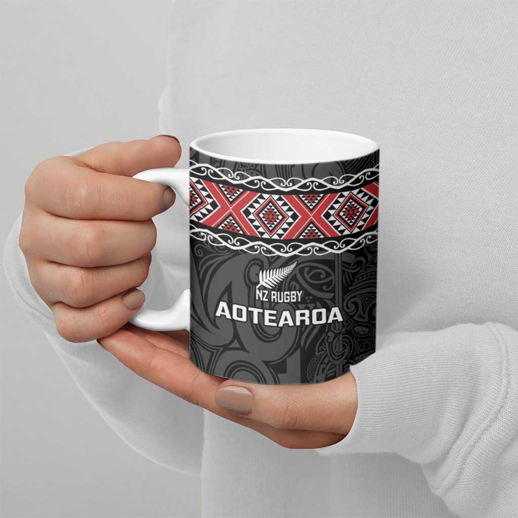 Custom New Zealand Silver Fern Rugby Ceramic Mug All Black Maori Taniko Pattern - Polynesian Pride