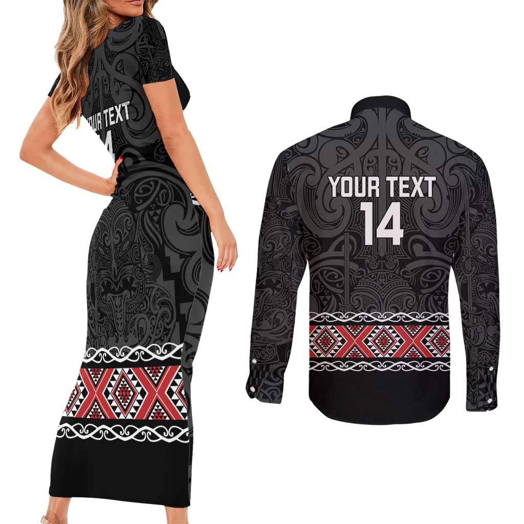 Custom New Zealand Silver Fern Rugby Couples Matching Short Sleeve Bodycon Dress and Long Sleeve Button Shirt All Black Maori Taniko Pattern