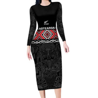 Custom New Zealand Silver Fern Rugby Family Matching Long Sleeve Bodycon Dress and Hawaiian Shirt All Black Maori Taniko Pattern