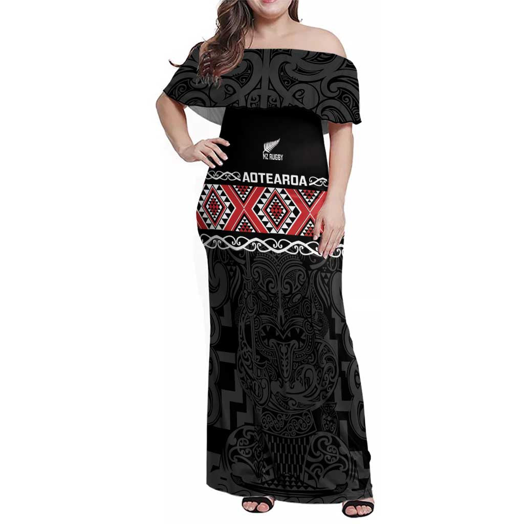 Custom New Zealand Silver Fern Rugby Family Matching Off Shoulder Maxi Dress and Hawaiian Shirt All Black Maori Taniko Pattern