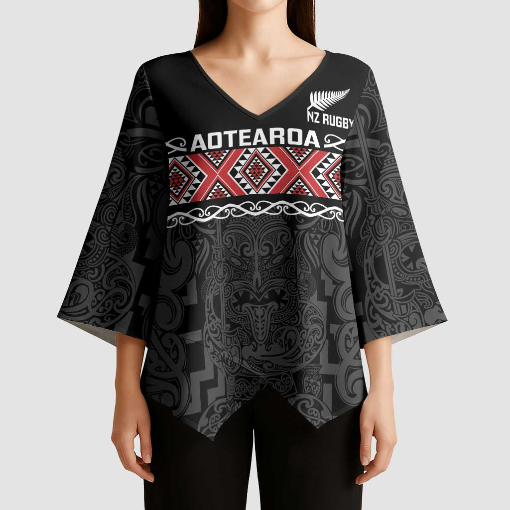 Custom New Zealand Silver Fern Rugby Kimono Sleeve Blouse All Black Maori Taniko Pattern - Polynesian Pride