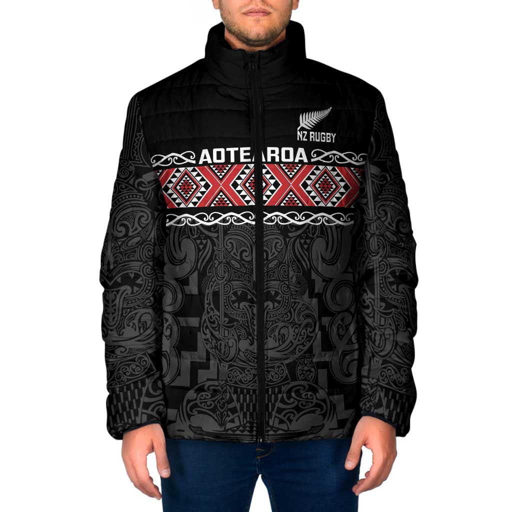Custom New Zealand Silver Fern Rugby Padded Jacket All Black Maori Taniko Pattern - Polynesian Pride