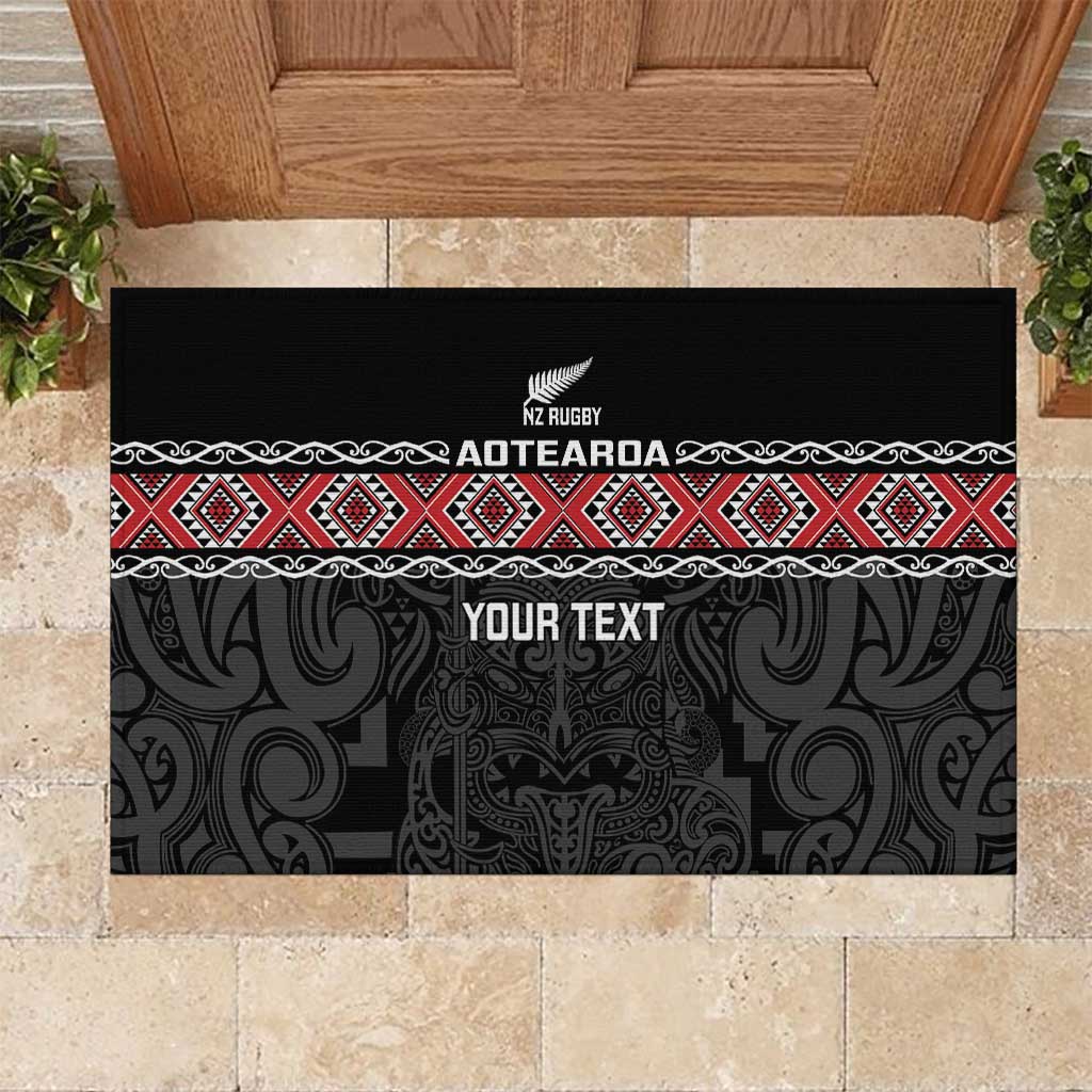 Custom New Zealand Silver Fern Rugby Rubber Doormat All Black Maori Taniko Pattern LT14 Black - Polynesian Pride