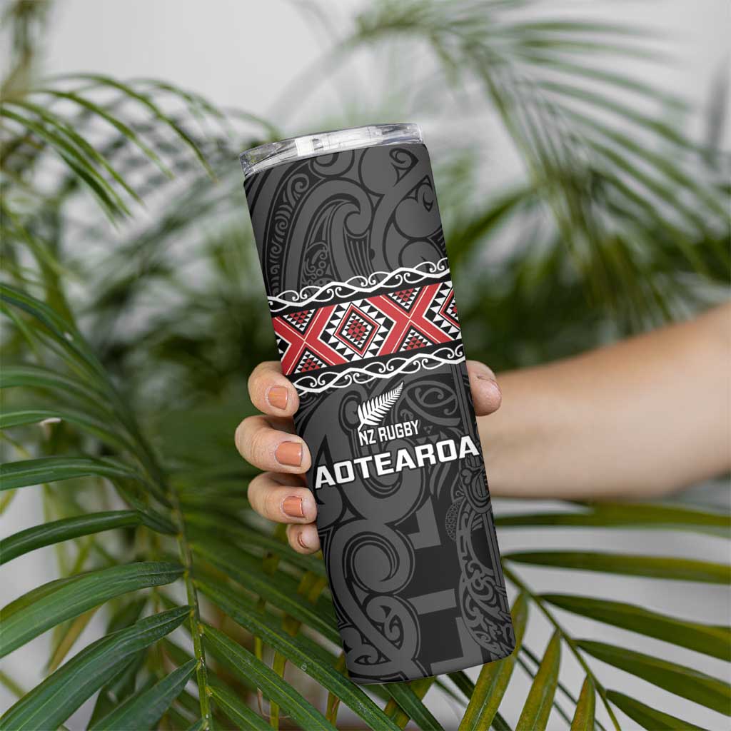 Custom New Zealand Silver Fern Rugby Skinny Tumbler All Black Maori Taniko Pattern LT14 - Polynesian Pride