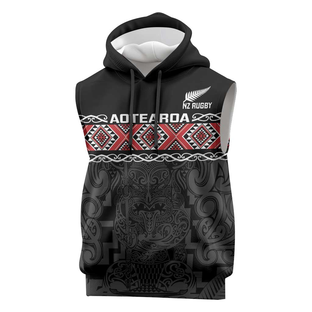 Custom New Zealand Silver Fern Rugby Sleeveless Hoodie All Black Maori Taniko Pattern - Polynesian Pride