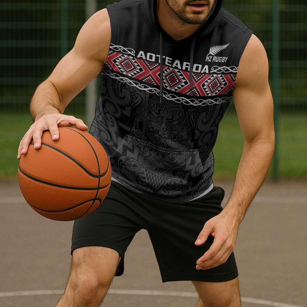 Custom New Zealand Silver Fern Rugby Sleeveless Hoodie All Black Maori Taniko Pattern - Polynesian Pride