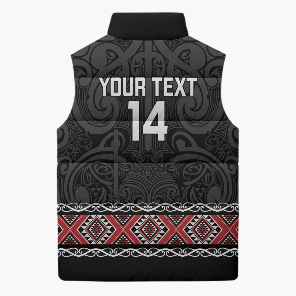 Custom New Zealand Silver Fern Rugby Sleeveless Puffer Jacket All Black Maori Taniko Pattern - Polynesian Pride